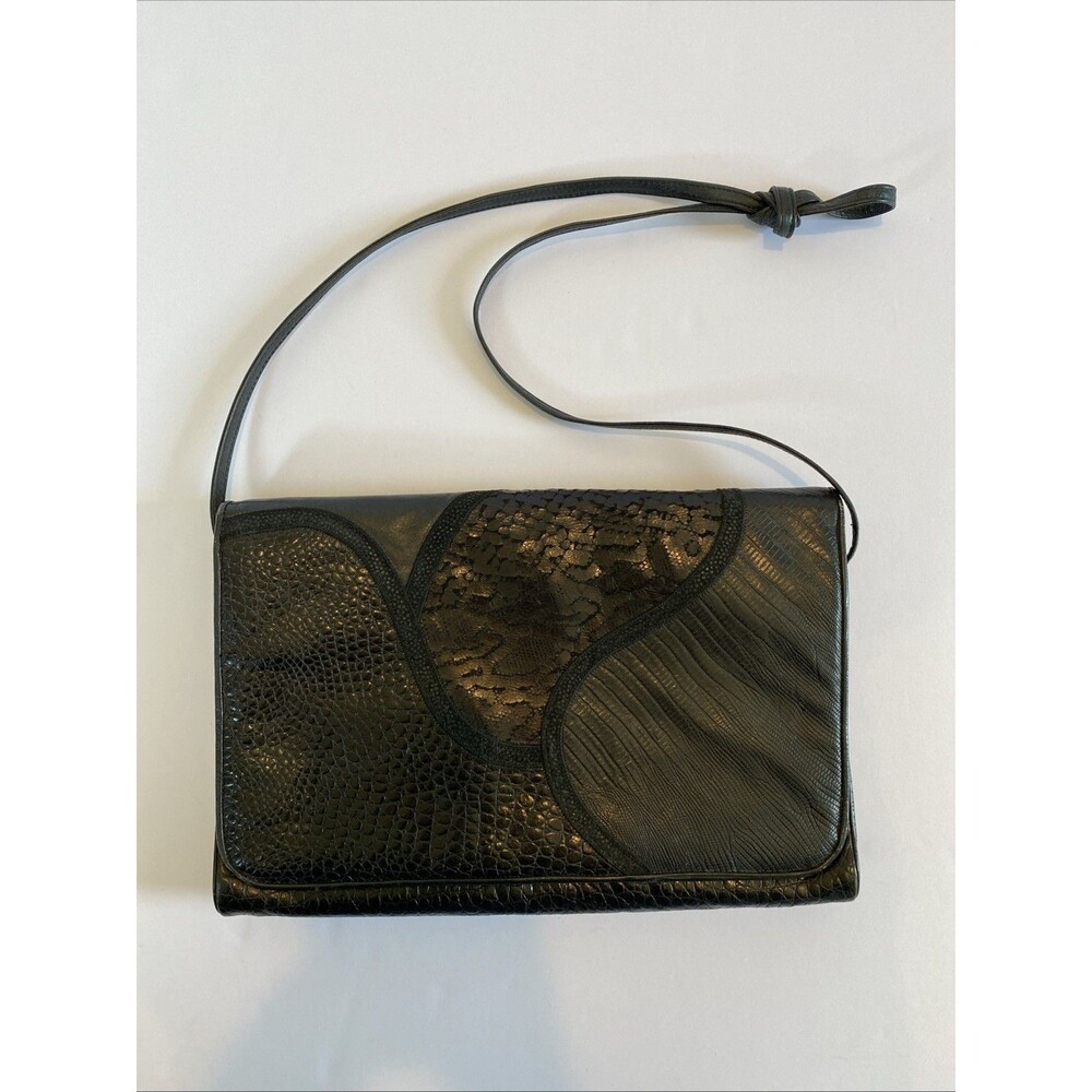 Sharif Vintage Black Leather Patchwork Snakeskin Reptile Shoulder Crossbody Bag